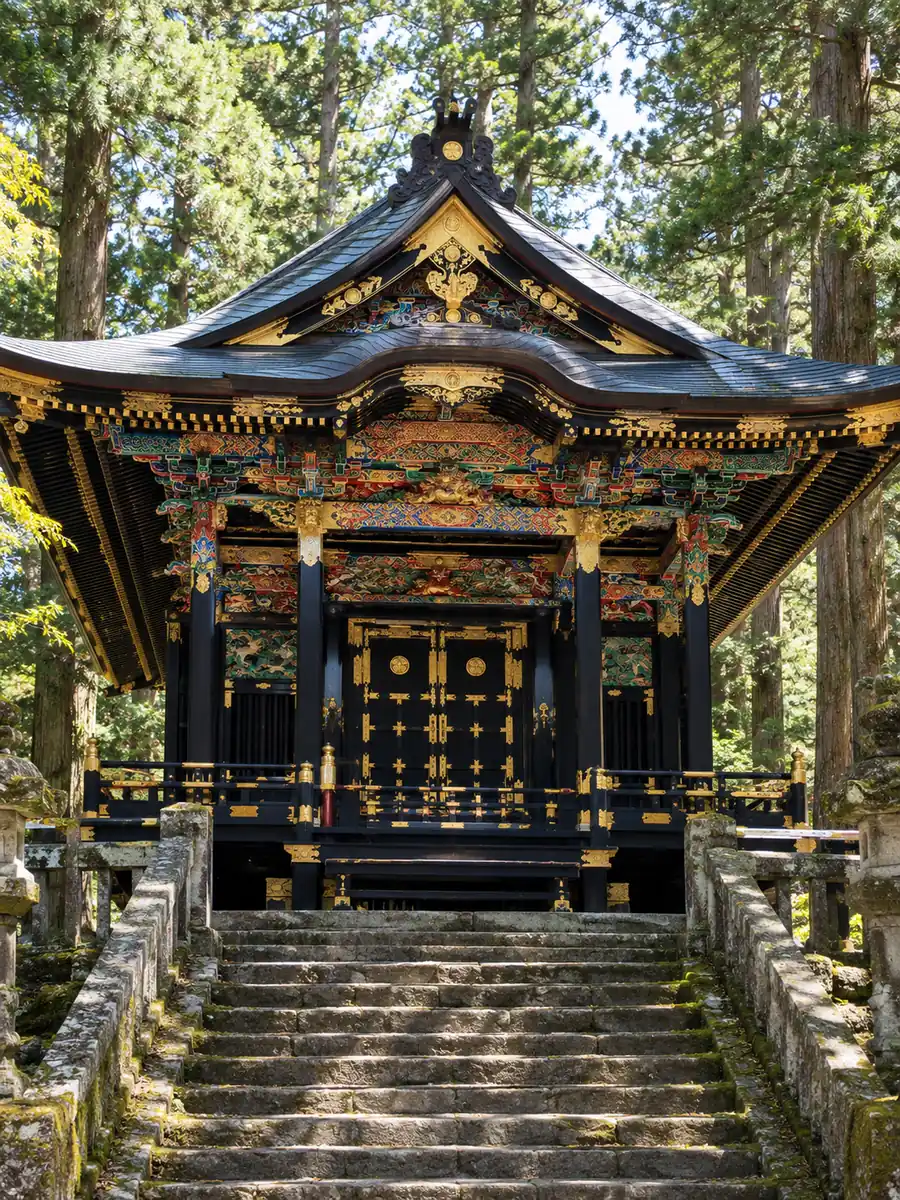 The black-lacquered, gold and red Zuihoden mausoleum of Date Masamune among cedars in Sendai
